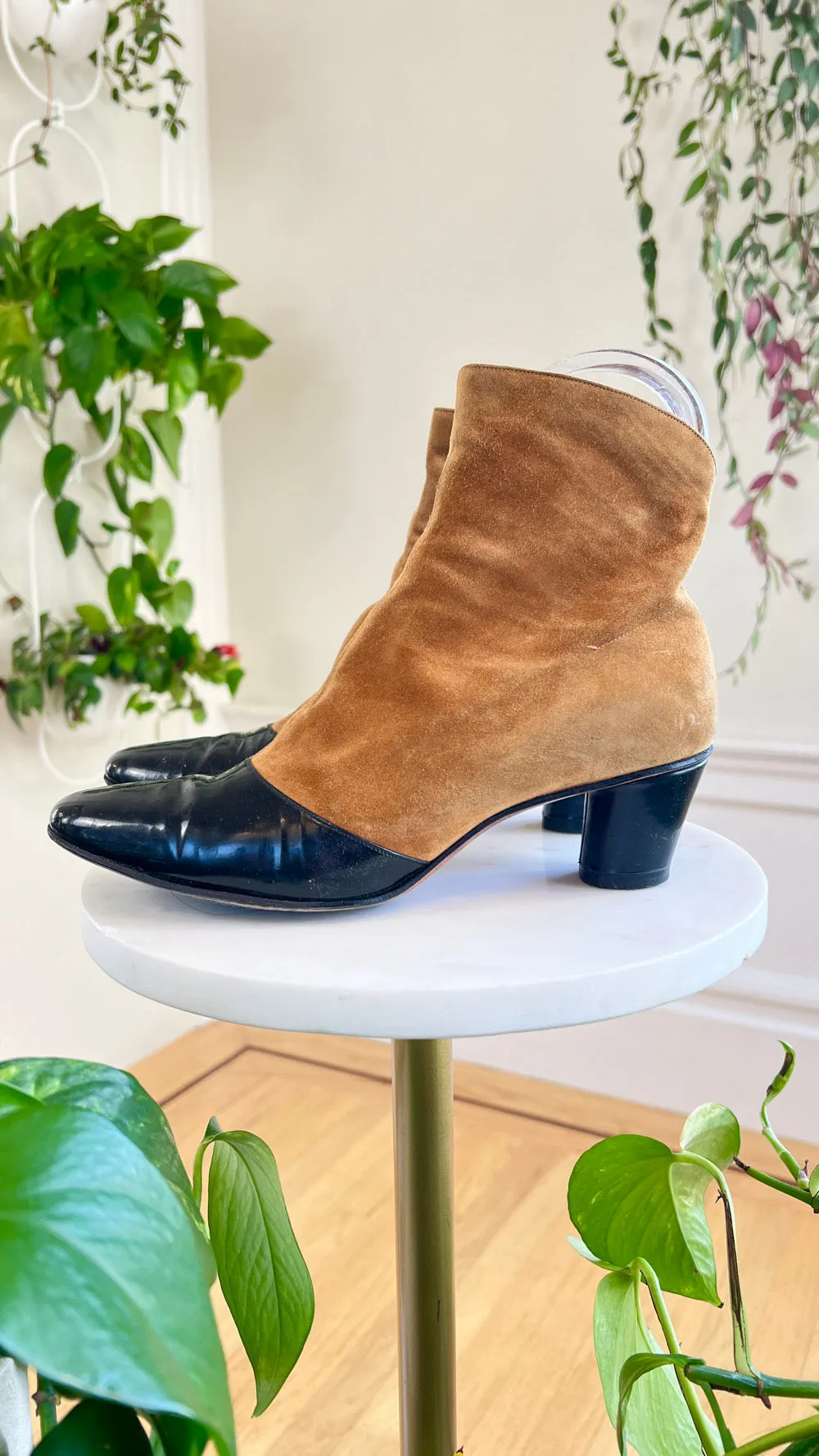 1960s Suede   Patent Leather Ankle Boots | size US 6.5