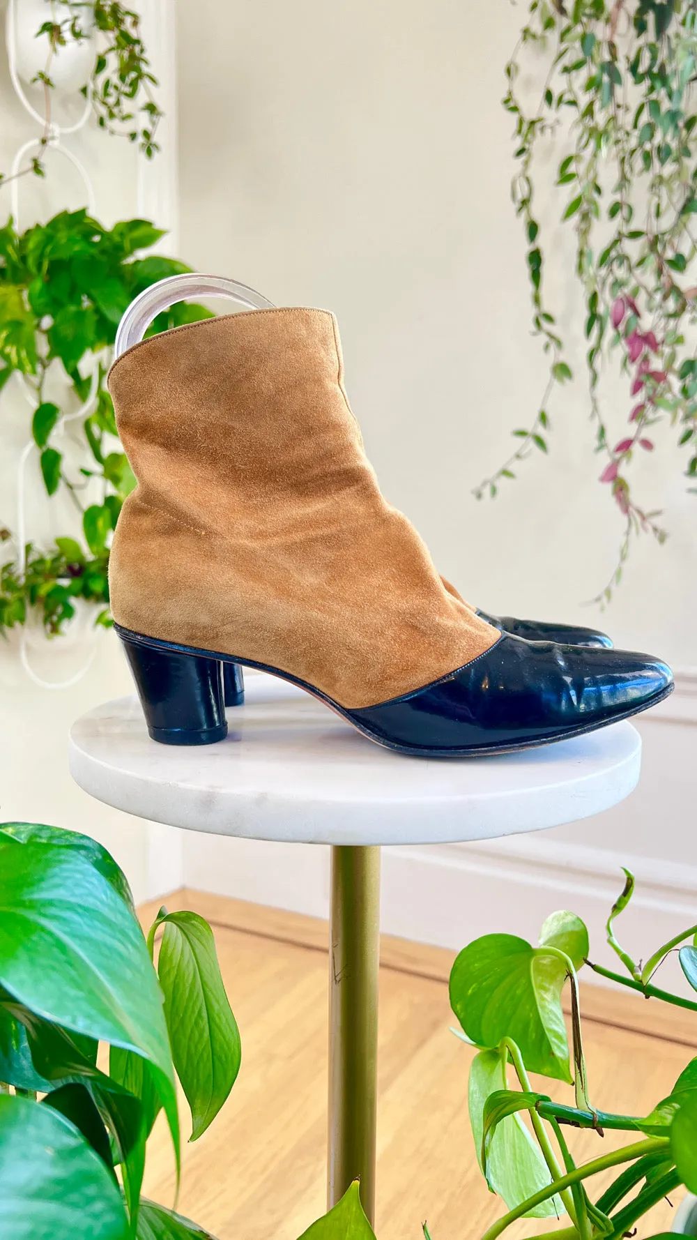 1960s Suede   Patent Leather Ankle Boots | size US 6.5