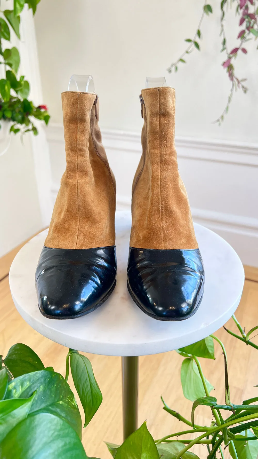 1960s Suede   Patent Leather Ankle Boots | size US 6.5