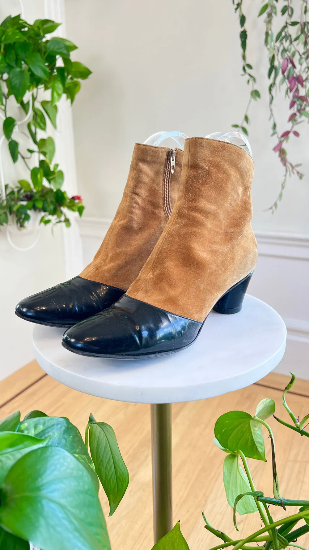 1960s Suede   Patent Leather Ankle Boots | size US 6.5