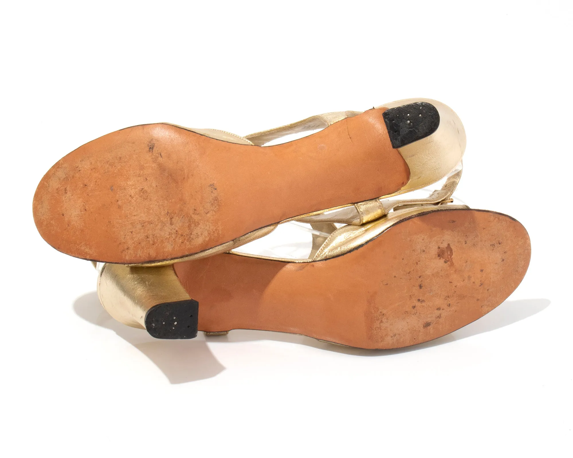 1970s Metallic Gold Open Toe Heels | size US 8/8.5