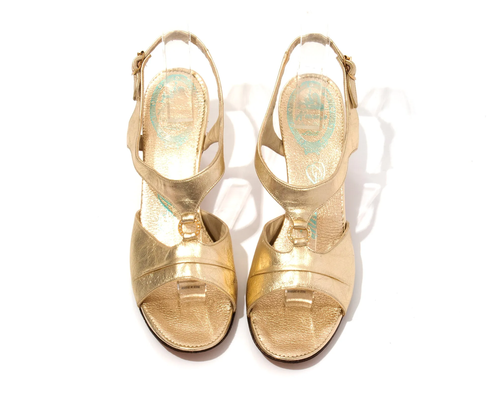 1970s Metallic Gold Open Toe Heels | size US 8/8.5