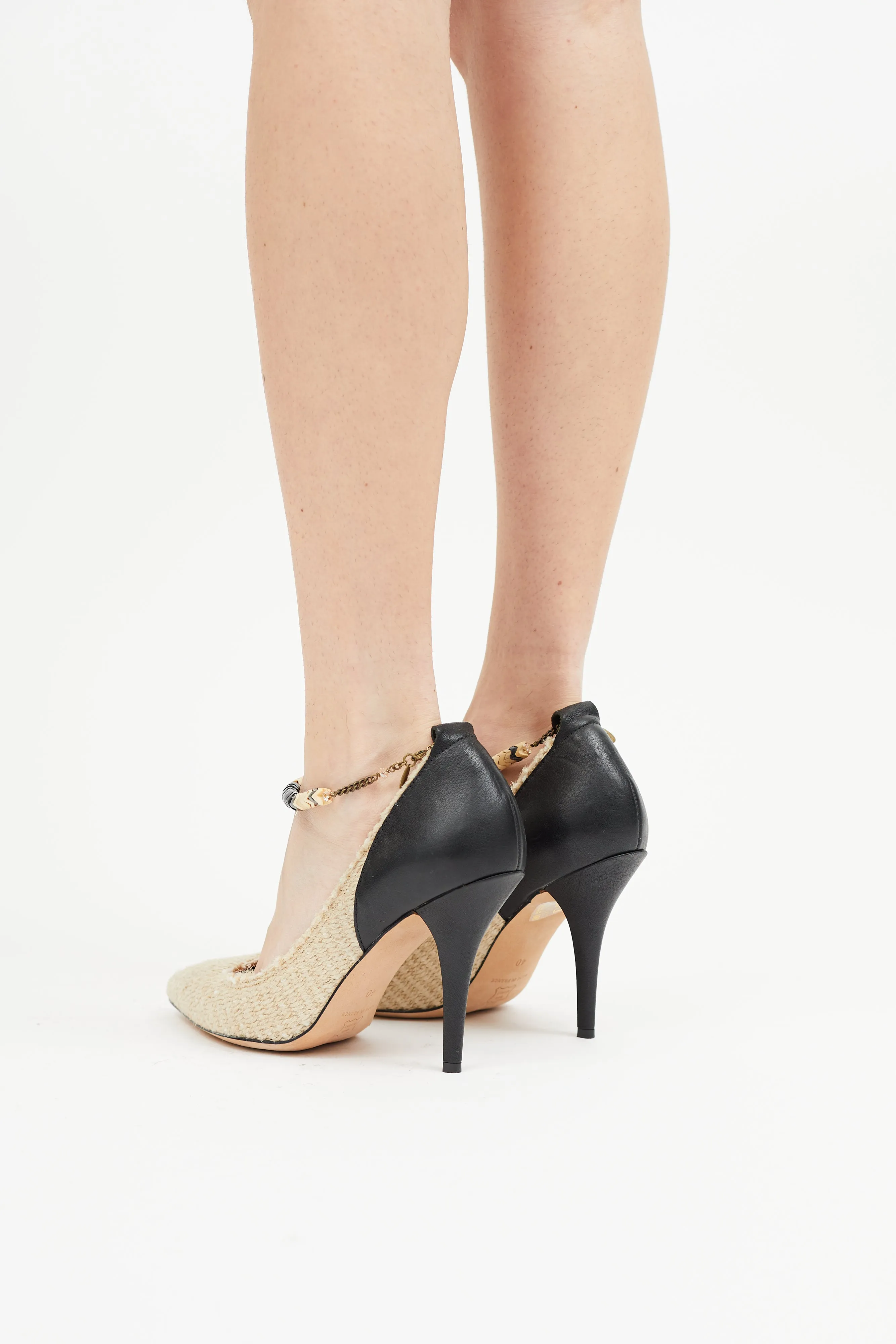 Beige & Black Woven Beaded Pump
