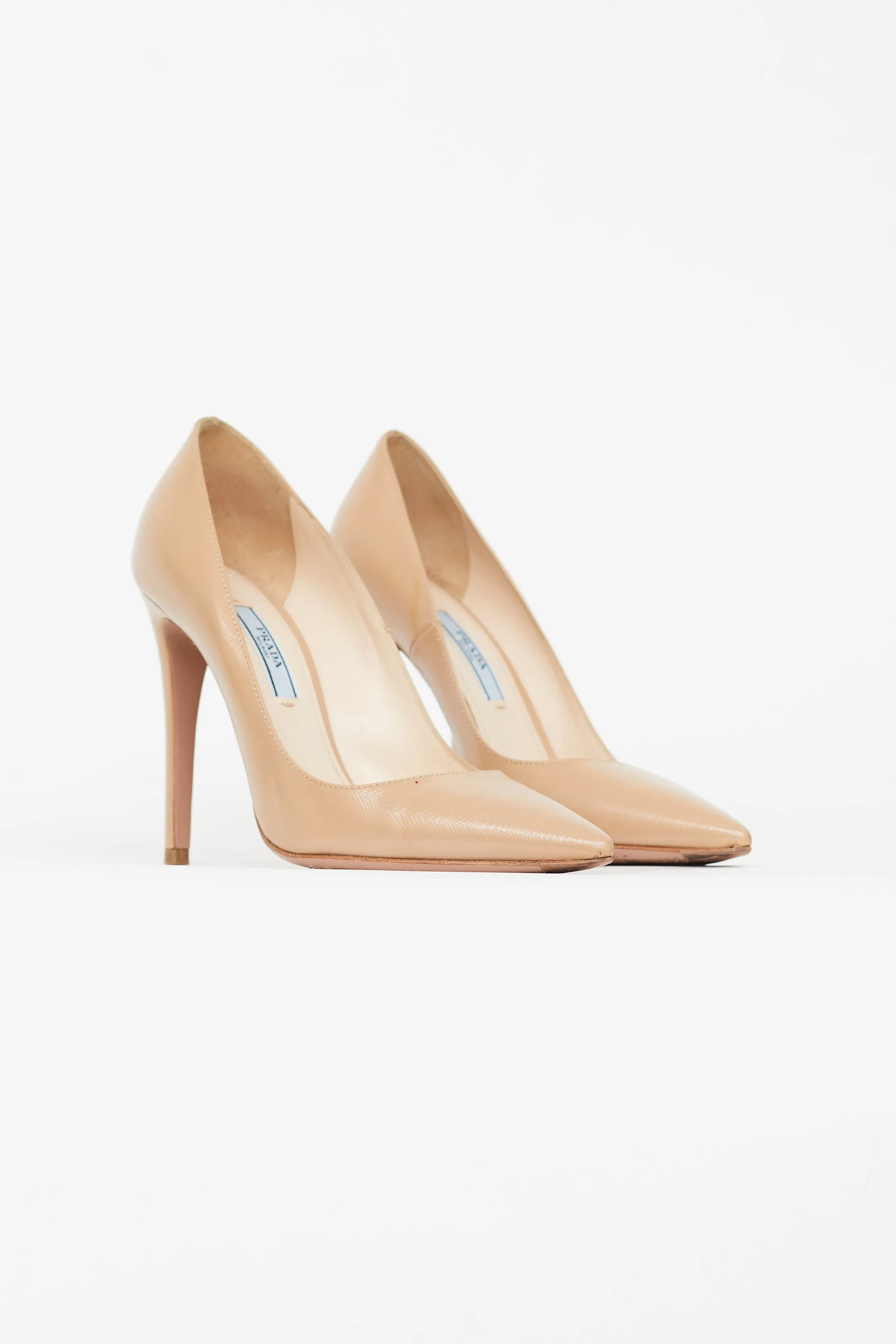 Beige Textured Leather Pointed Toe Pump
