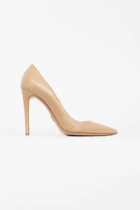 Beige Textured Leather Pointed Toe Pump