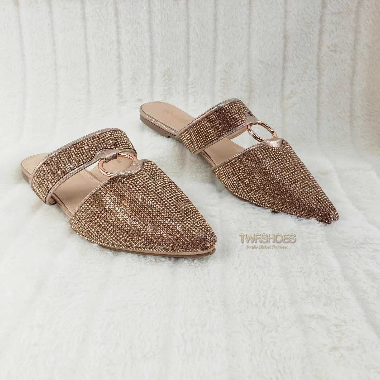 Bella Rose Gold Rhinestone Slip On Smoking Summer Flats Mules Sandals 6-10