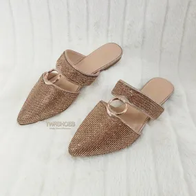 Bella Rose Gold Rhinestone Slip On Smoking Summer Flats Mules Sandals 6-10