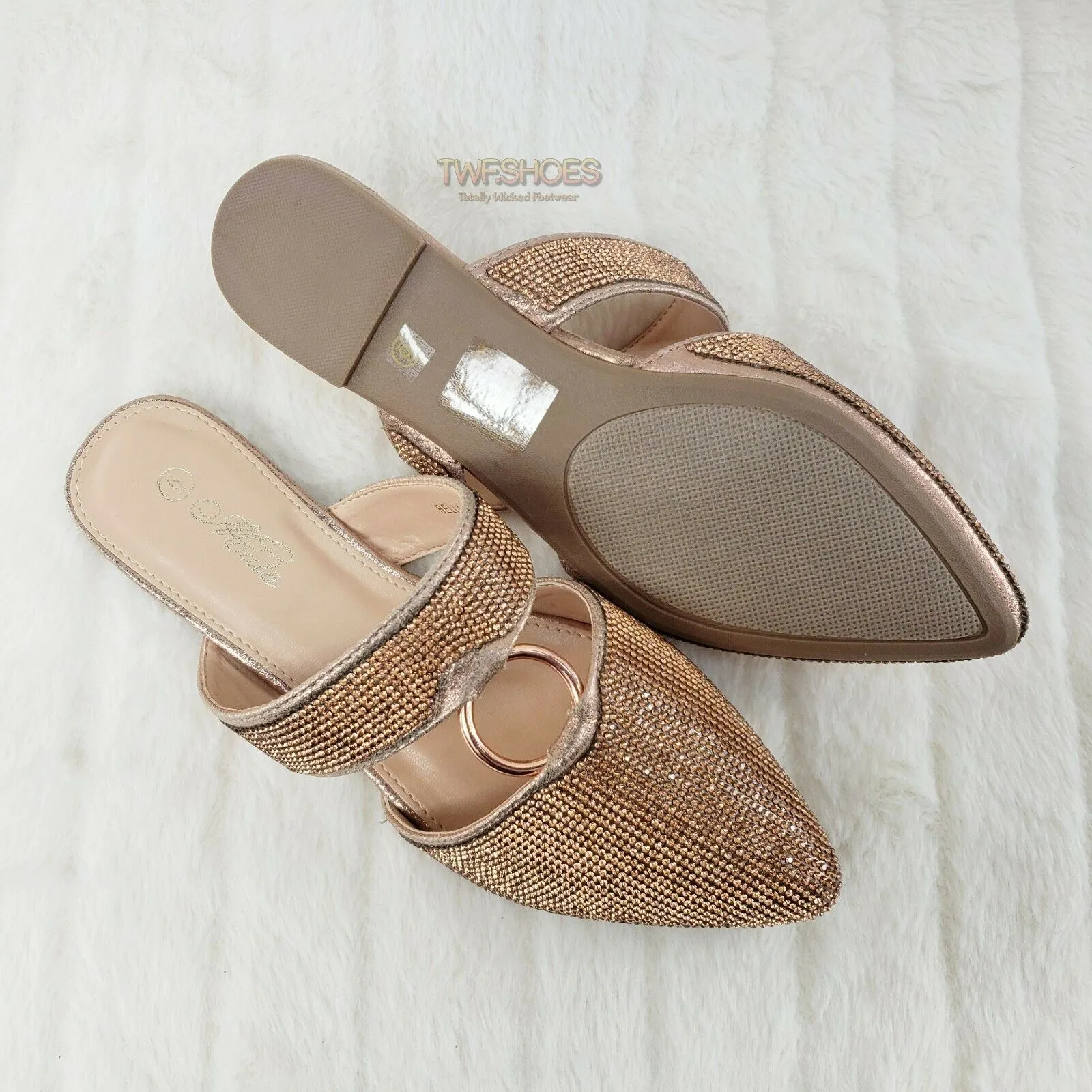 Bella Rose Gold Rhinestone Slip On Smoking Summer Flats Mules Sandals 6-10