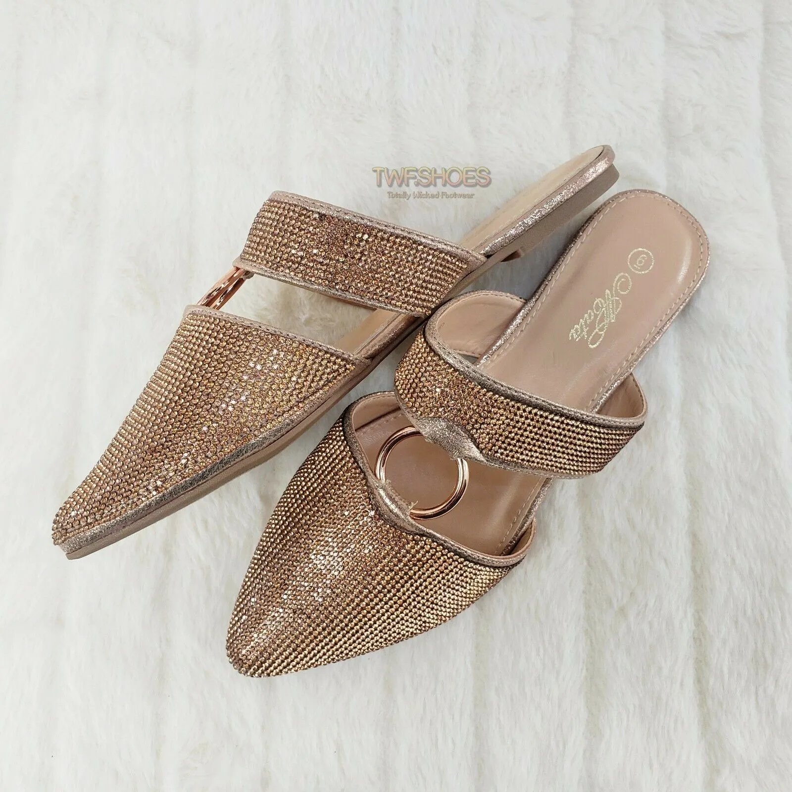 Bella Rose Gold Rhinestone Slip On Smoking Summer Flats Mules Sandals 6-10