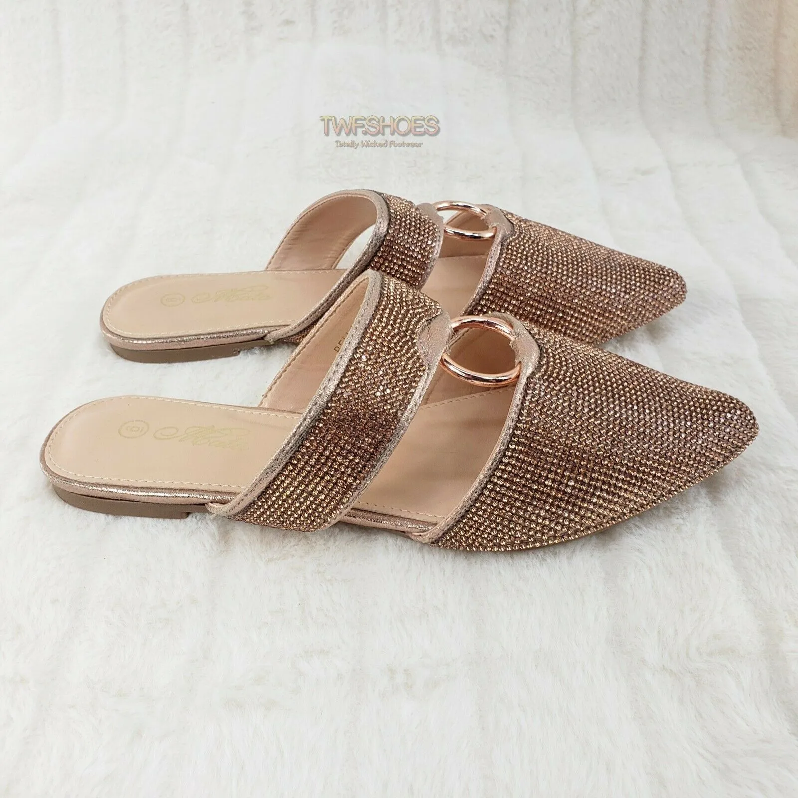 Bella Rose Gold Rhinestone Slip On Smoking Summer Flats Mules Sandals 6-10
