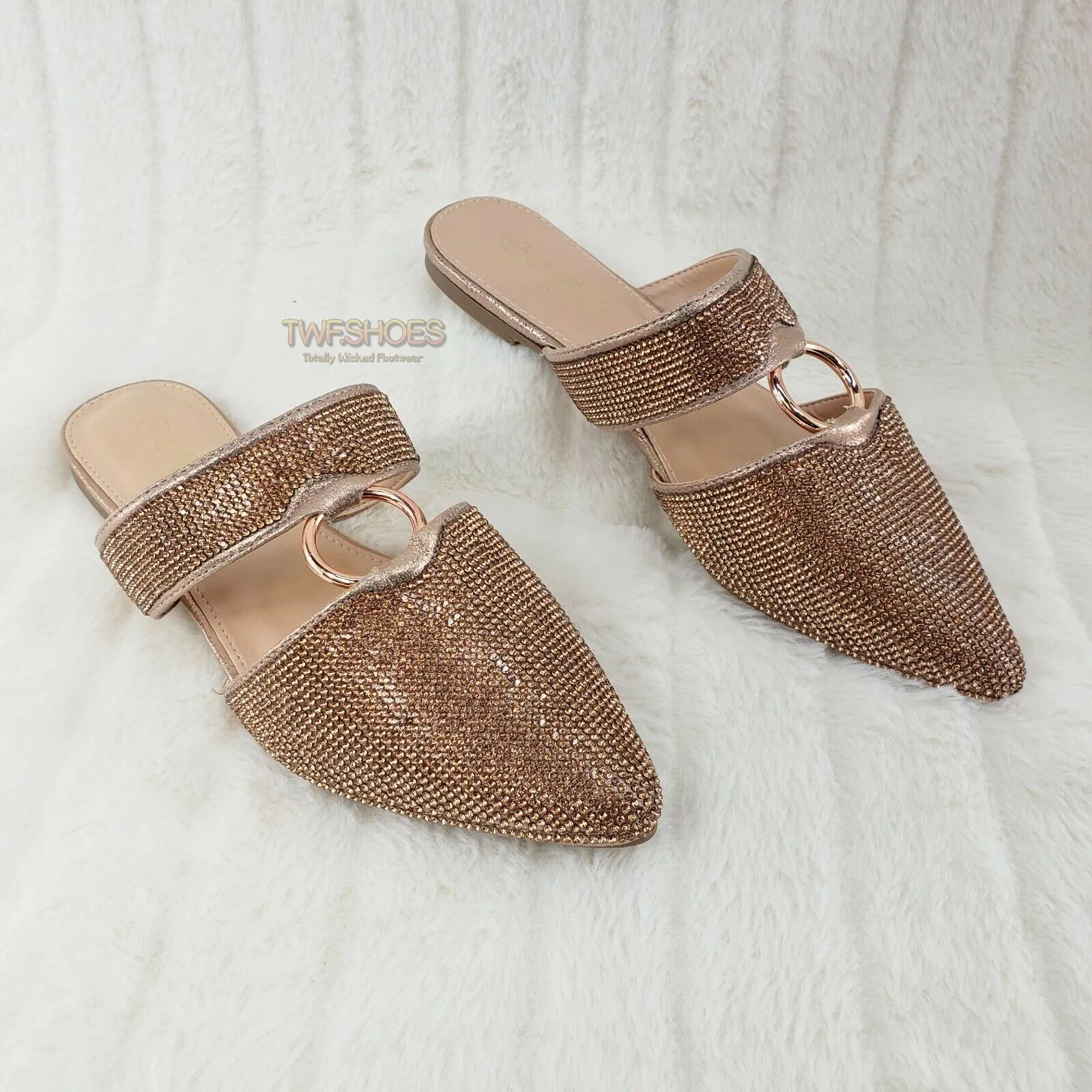 Bella Rose Gold Rhinestone Slip On Smoking Summer Flats Mules Sandals 6-10
