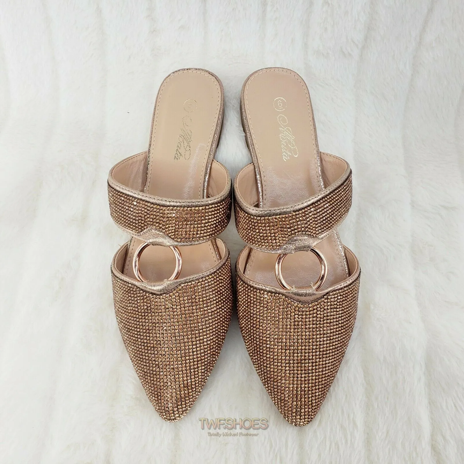 Bella Rose Gold Rhinestone Slip On Smoking Summer Flats Mules Sandals 6-10