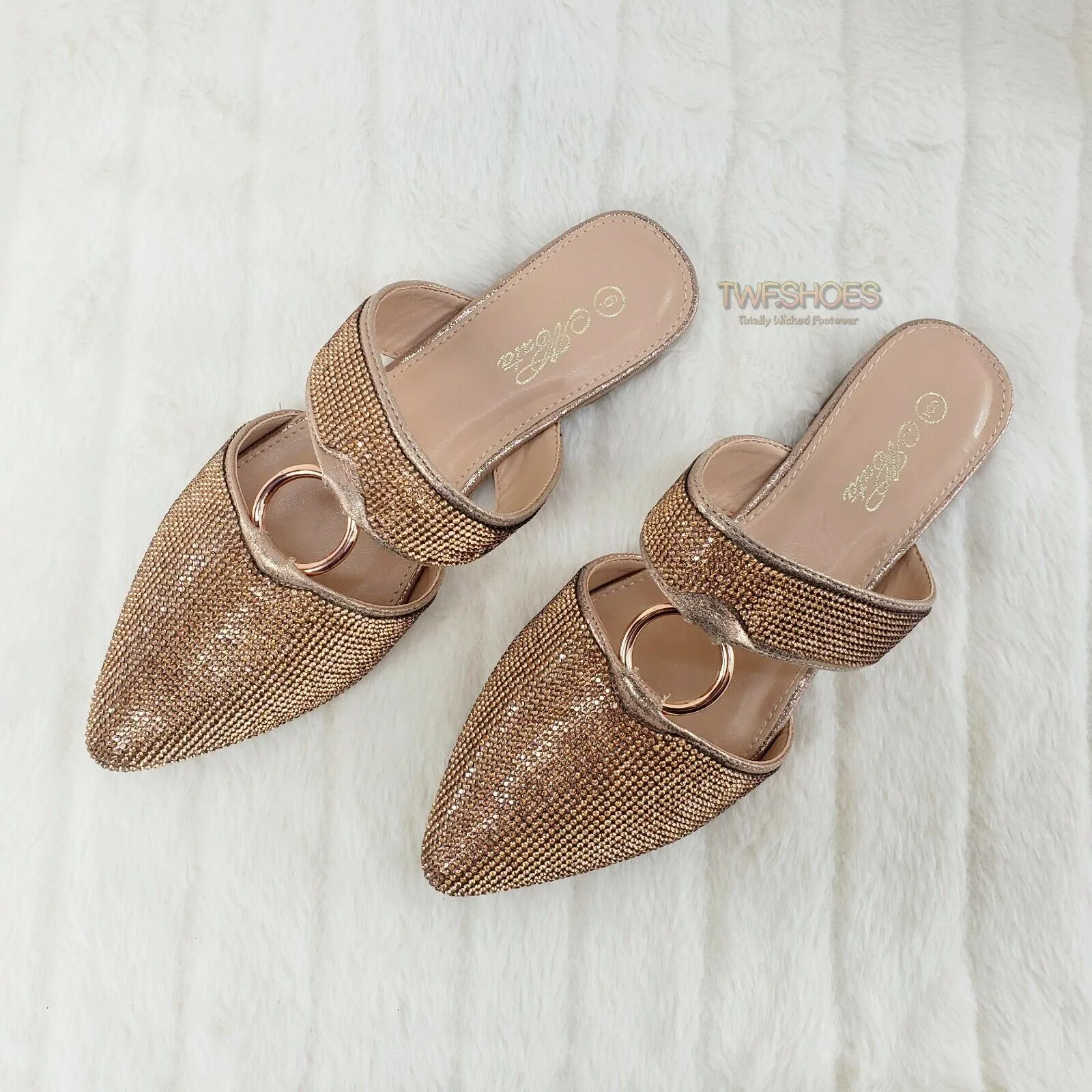 Bella Rose Gold Rhinestone Slip On Smoking Summer Flats Mules Sandals 6-10