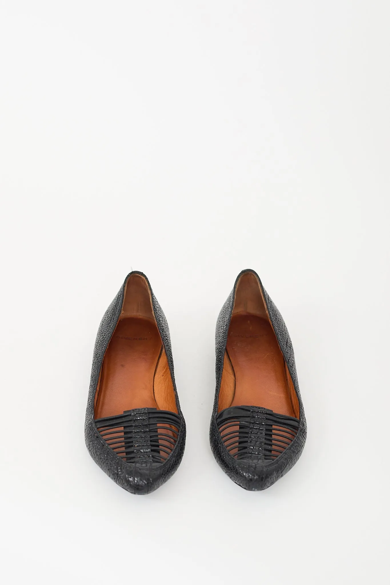 Black Textured Leather Caged Toe Flat