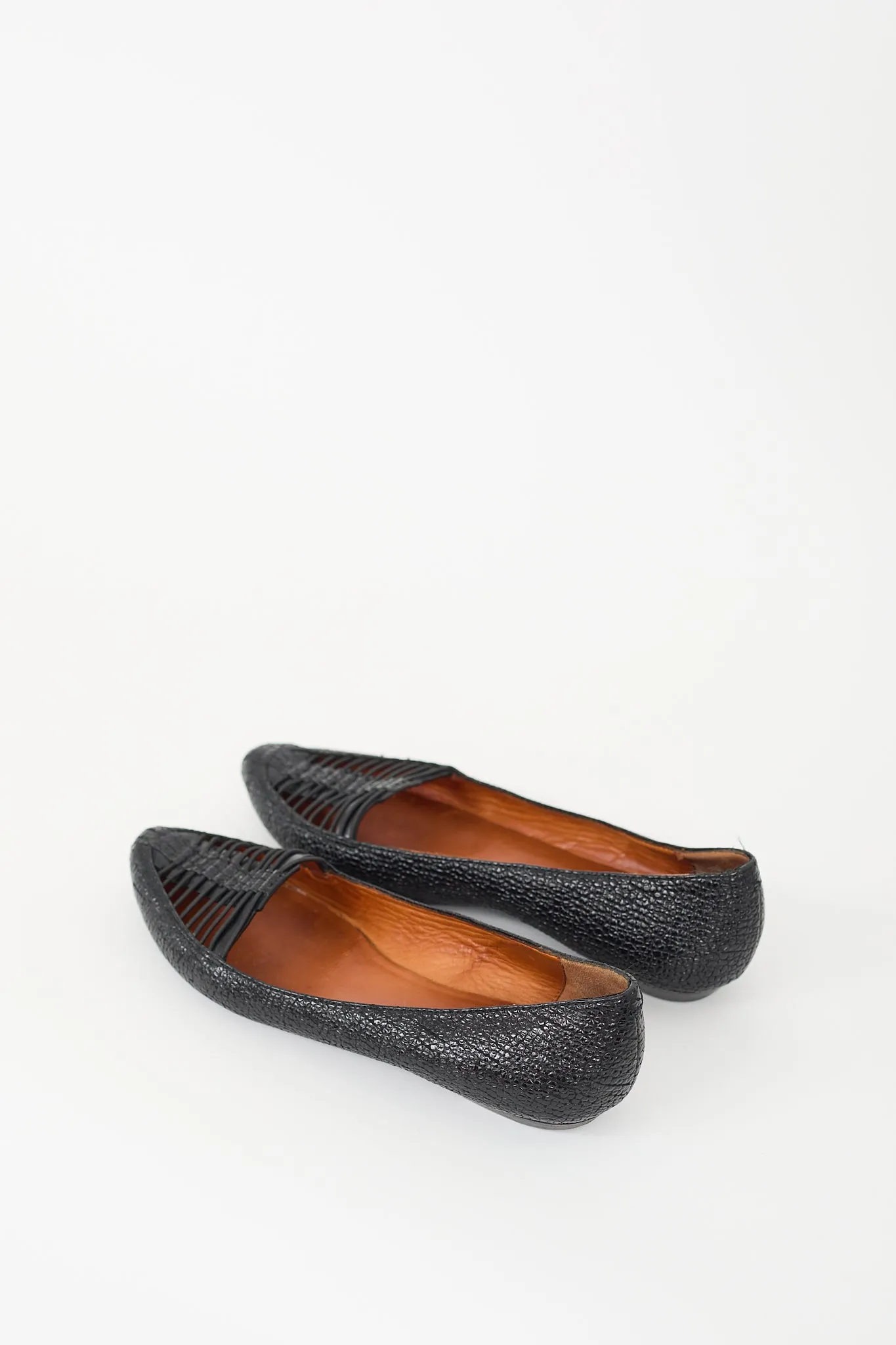 Black Textured Leather Caged Toe Flat