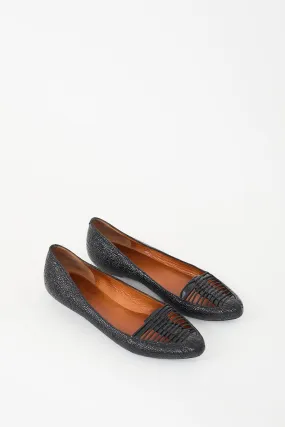 Black Textured Leather Caged Toe Flat