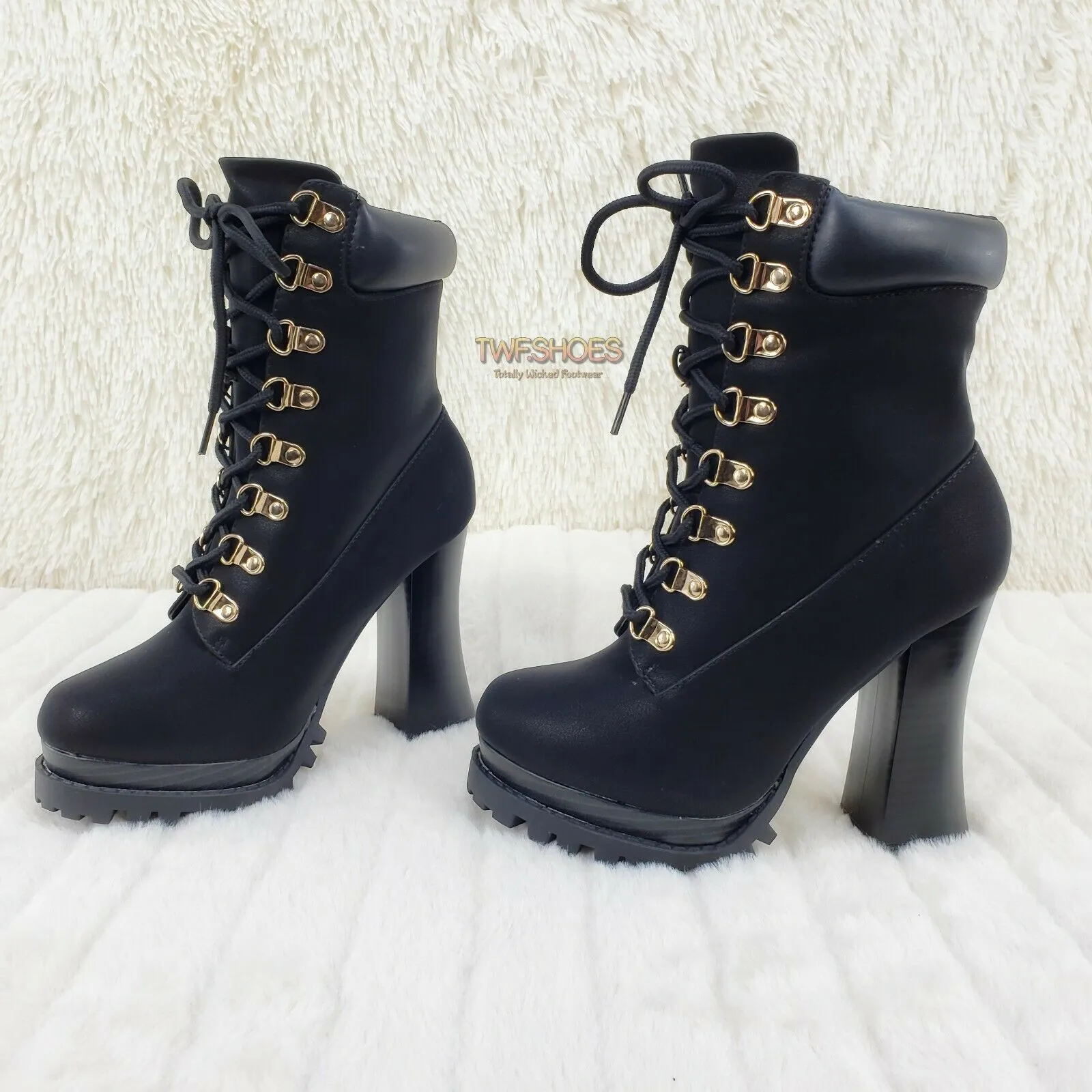 CR Nellie Lace Up Ankle Boots 4.5" Wood Grain Chunky Flared Block Heels Black