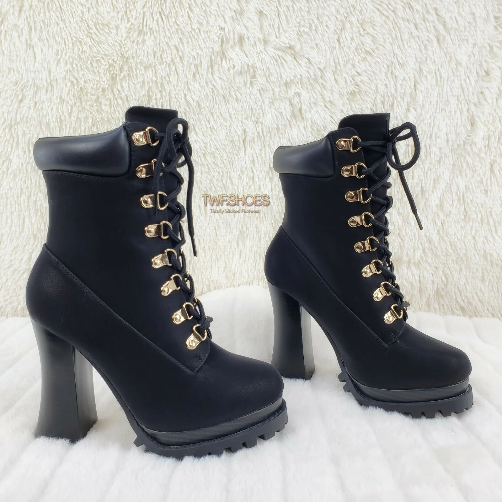 CR Nellie Lace Up Ankle Boots 4.5" Wood Grain Chunky Flared Block Heels Black