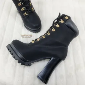 CR Nellie Lace Up Ankle Boots 4.5" Wood Grain Chunky Flared Block Heels Black