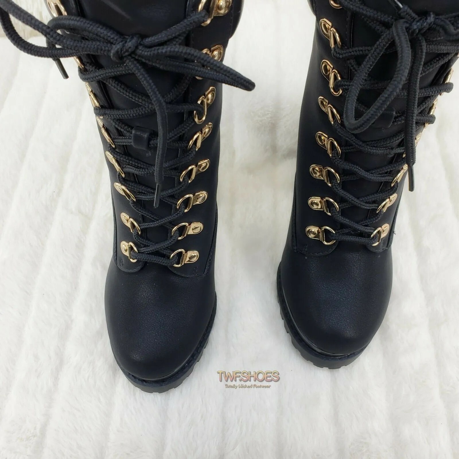 CR Nellie Lace Up Ankle Boots 4.5" Wood Grain Chunky Flared Block Heels Black