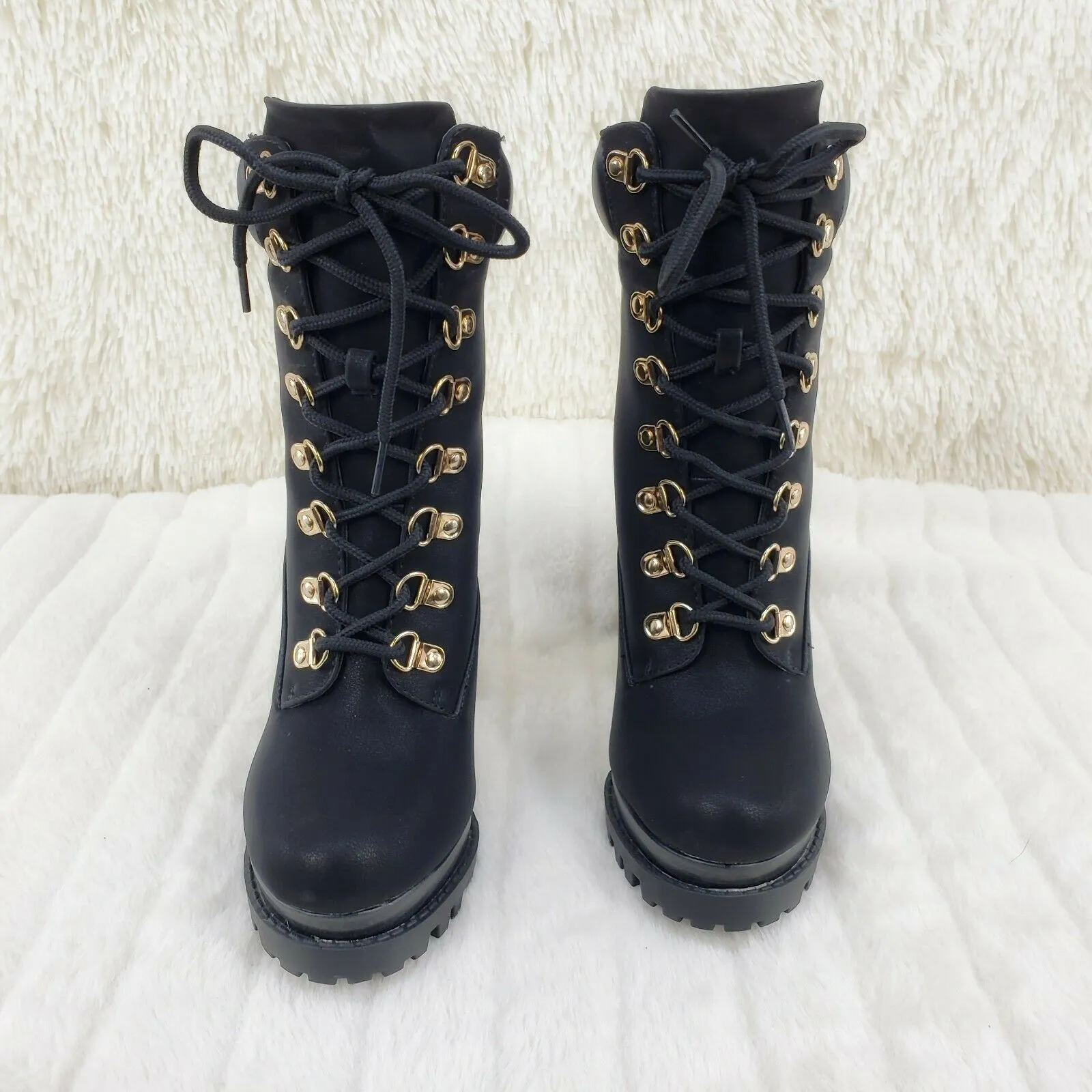 CR Nellie Lace Up Ankle Boots 4.5" Wood Grain Chunky Flared Block Heels Black