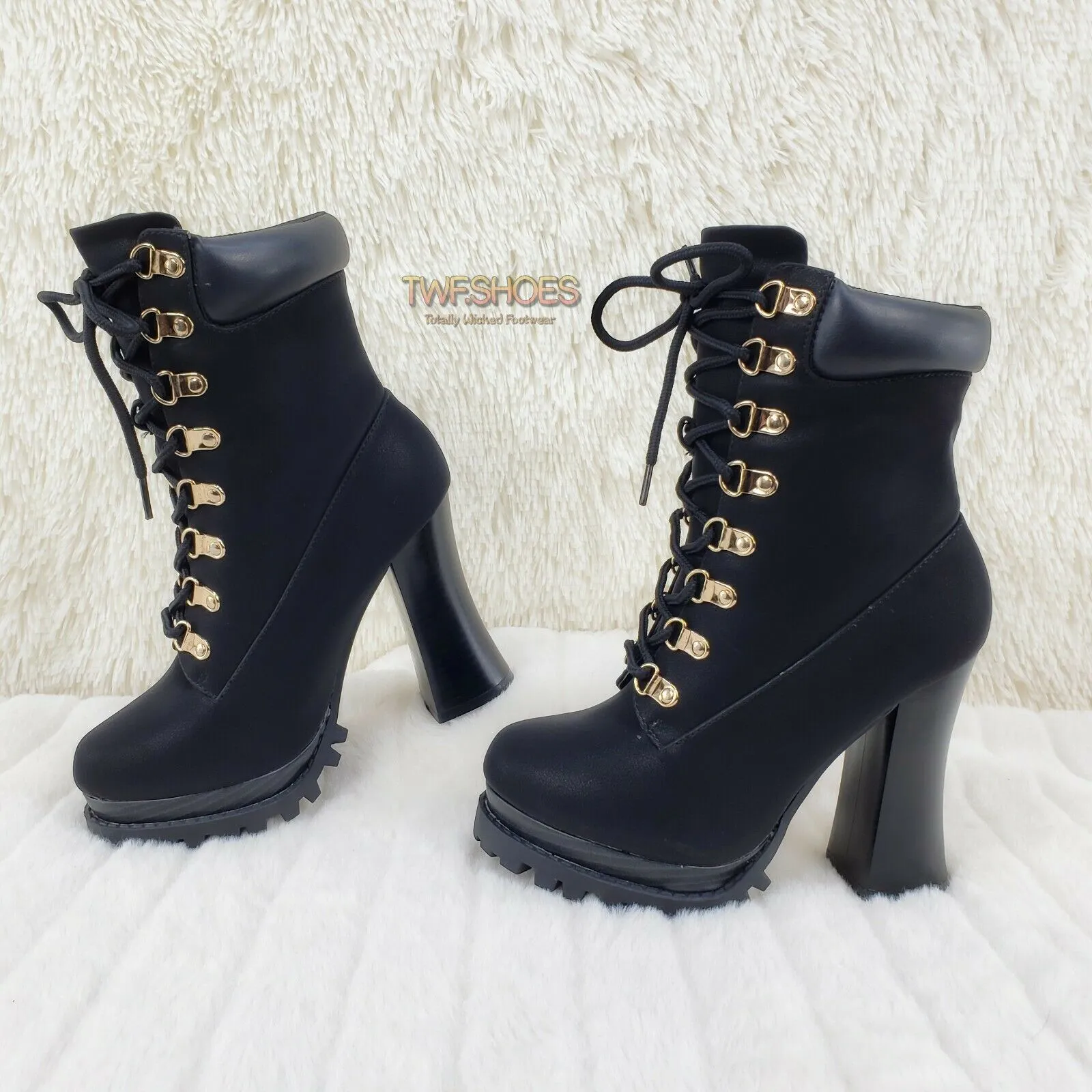 CR Nellie Lace Up Ankle Boots 4.5" Wood Grain Chunky Flared Block Heels Black