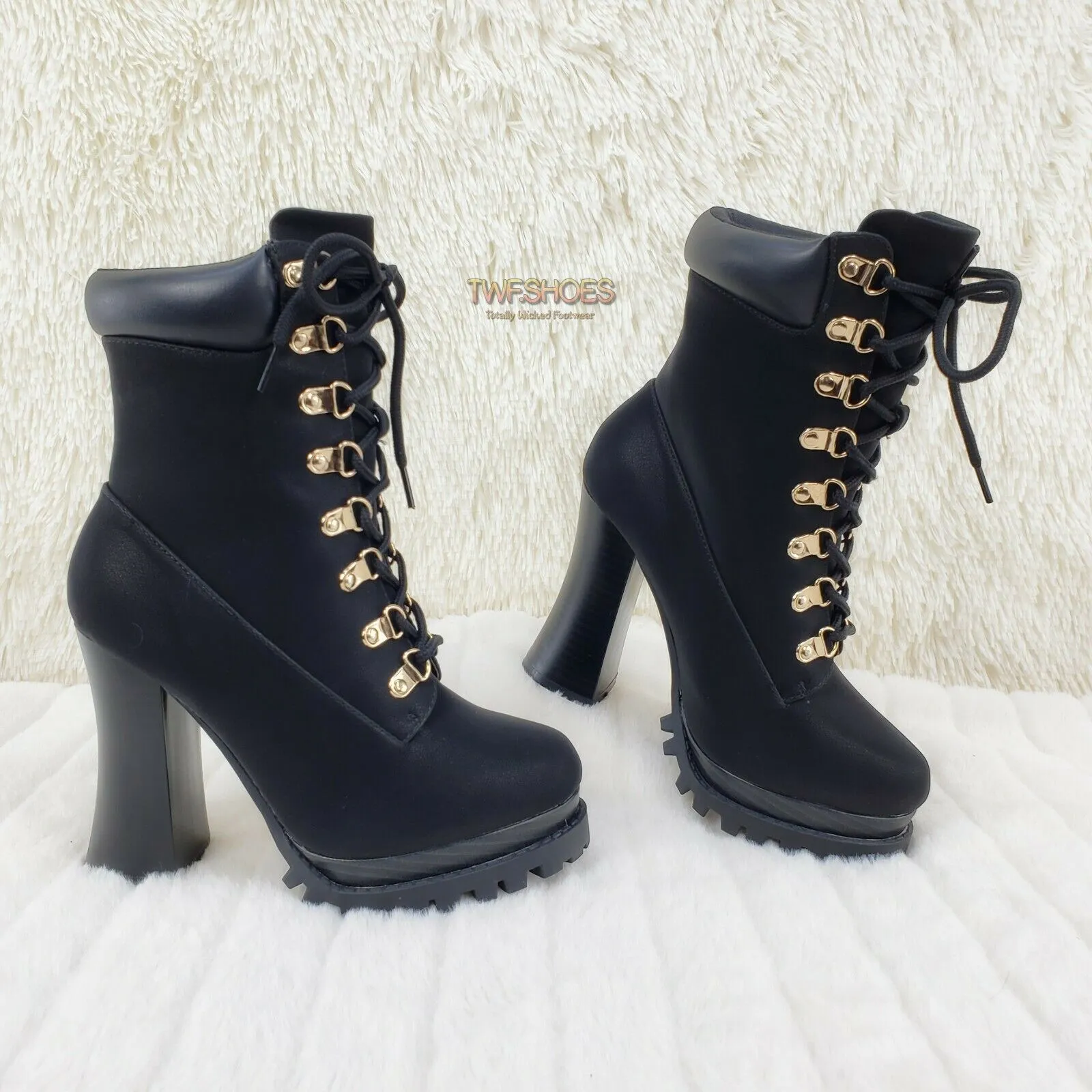 CR Nellie Lace Up Ankle Boots 4.5" Wood Grain Chunky Flared Block Heels Black