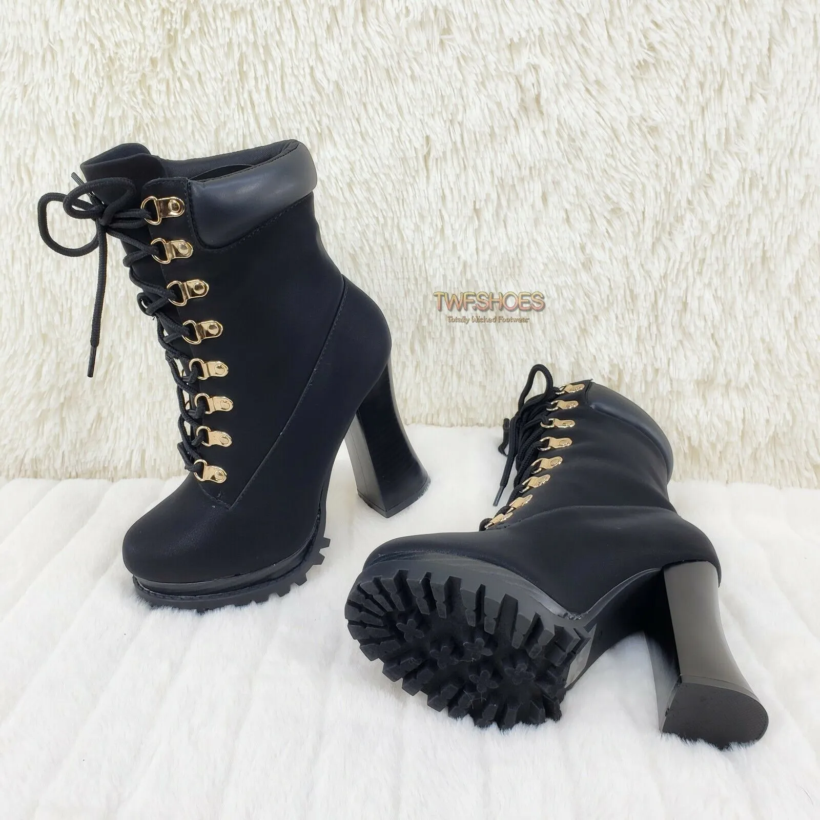 CR Nellie Lace Up Ankle Boots 4.5" Wood Grain Chunky Flared Block Heels Black