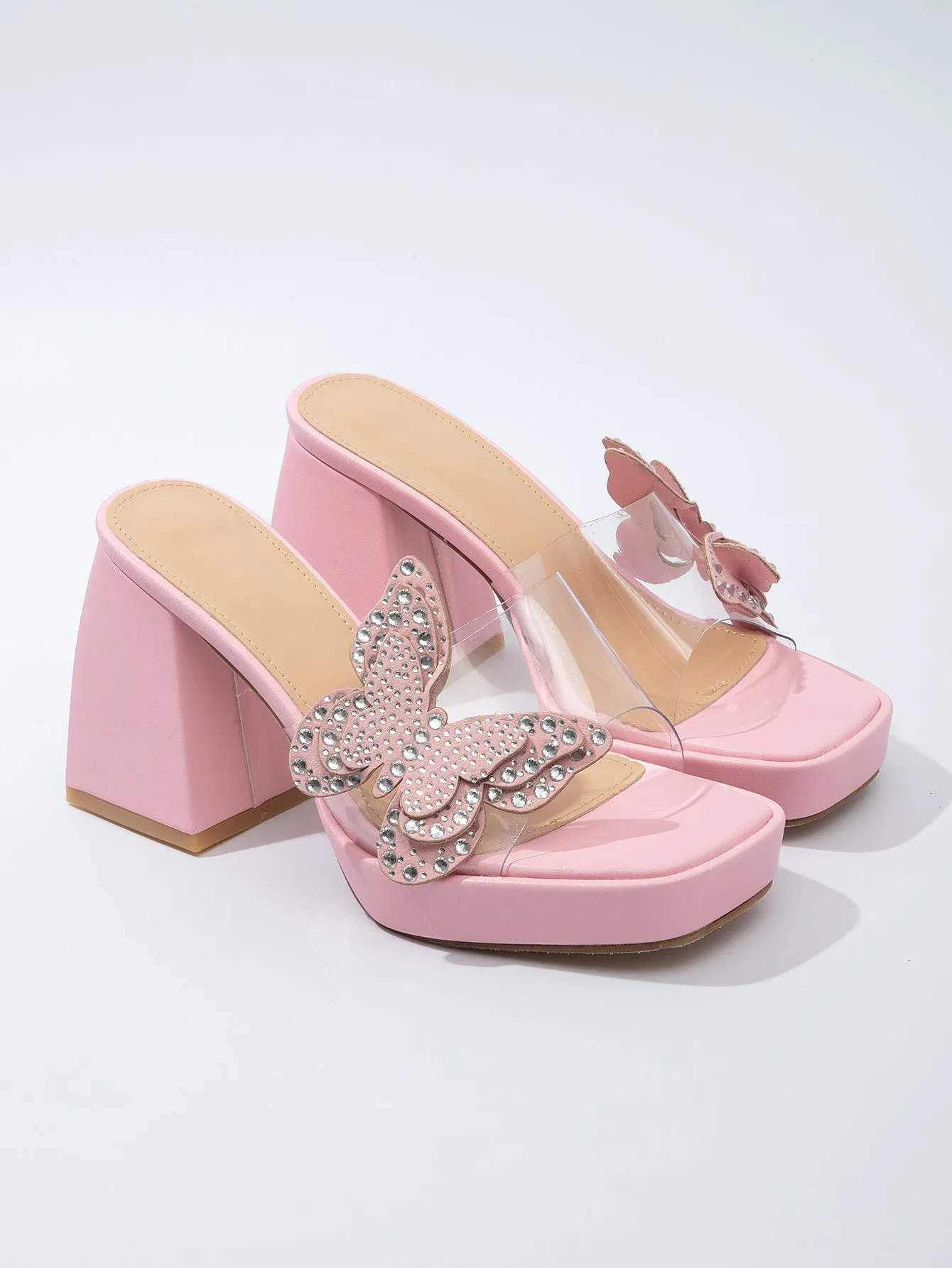 Heels Transparent High Heel Sandals Women Butterfly Rhinestone Thick Bottom Chunky Heel Slippers