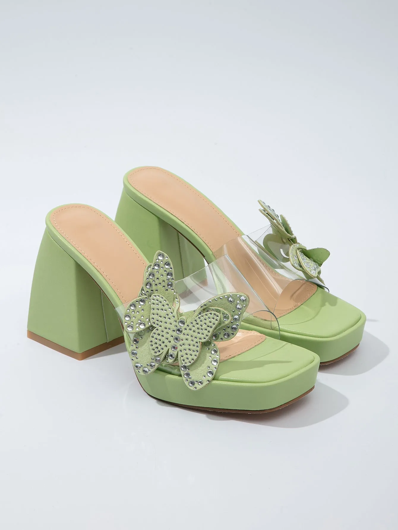 Heels Transparent High Heel Sandals Women Butterfly Rhinestone Thick Bottom Chunky Heel Slippers