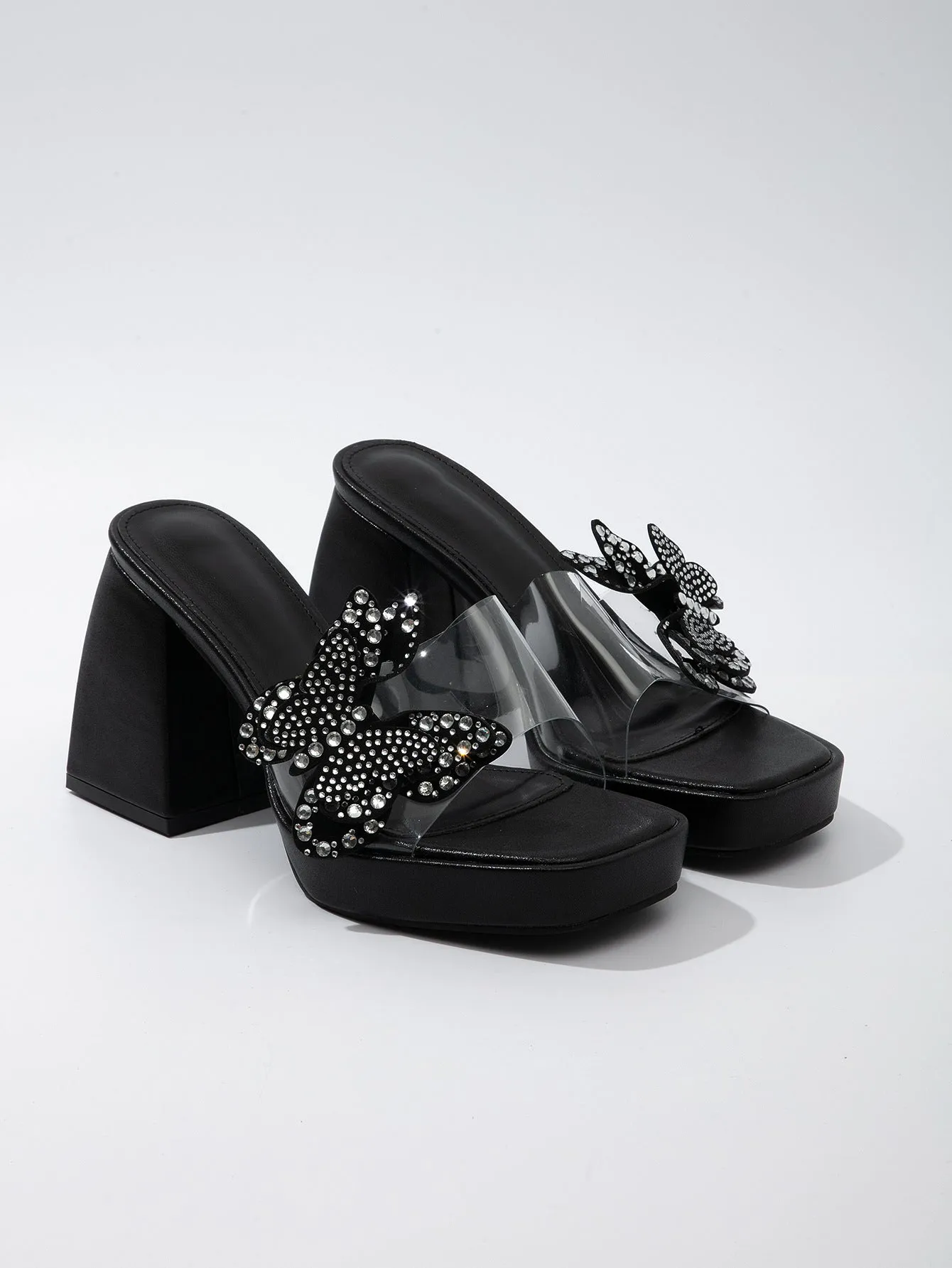 Heels Transparent High Heel Sandals Women Butterfly Rhinestone Thick Bottom Chunky Heel Slippers