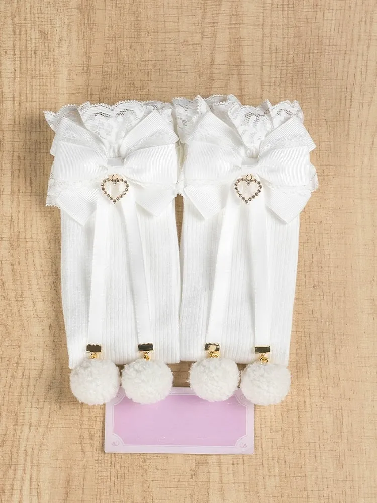 Jirai Kei Pompom Details Lace Cuffs Bowknots Overknee Stockings