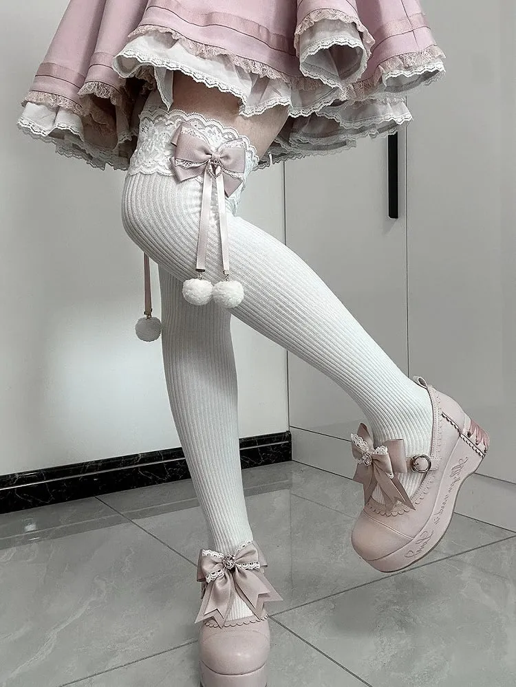 Jirai Kei Pompom Details Lace Cuffs Bowknots Overknee Stockings