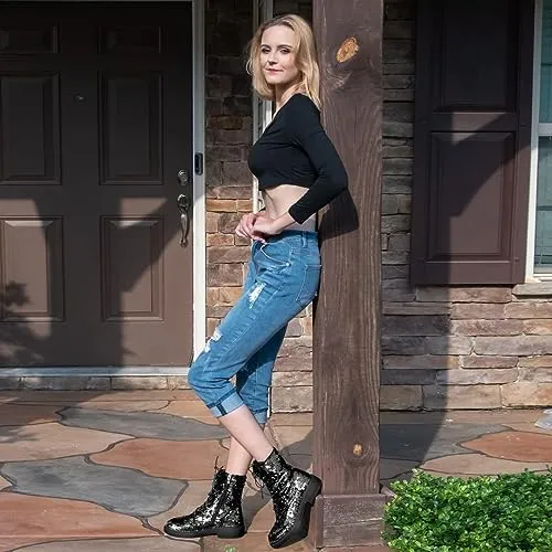 Lace Up Glitter Sequin Black Combat Boots