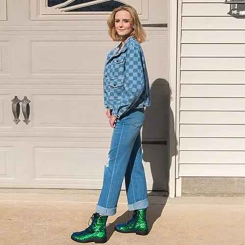 Lace Up Glitter Sequin Green Combat Boots