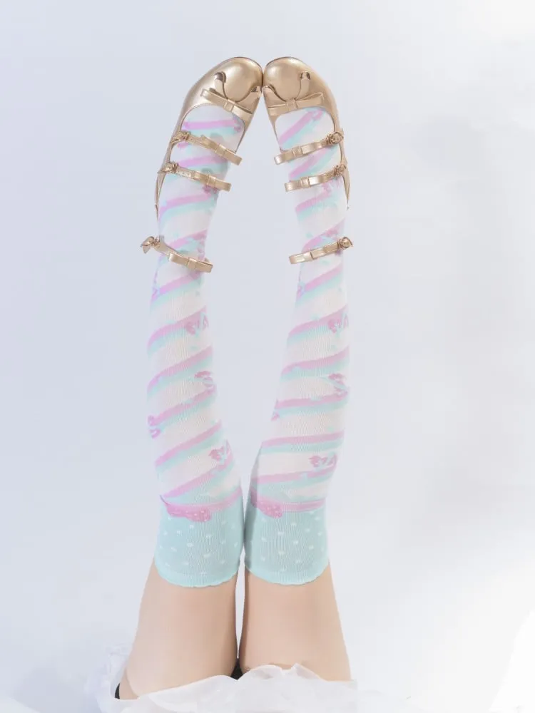Little Candy Cotton Over-the-Knee Stockings - Mint Green and Pink Stripes