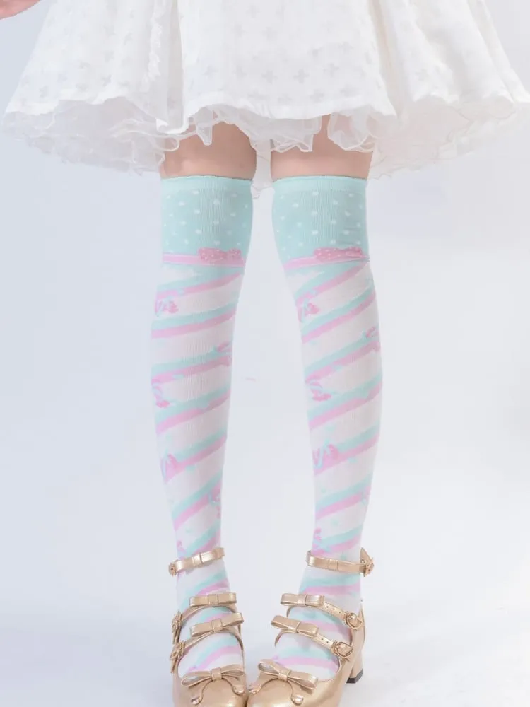Little Candy Cotton Over-the-Knee Stockings - Mint Green and Pink Stripes