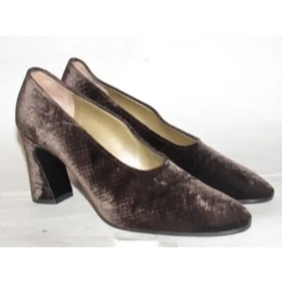 Saint Laurent Vintage Mod Dark Brown Velvet over leather, size 8M, almond toe, 3.5" chunky kitten heels