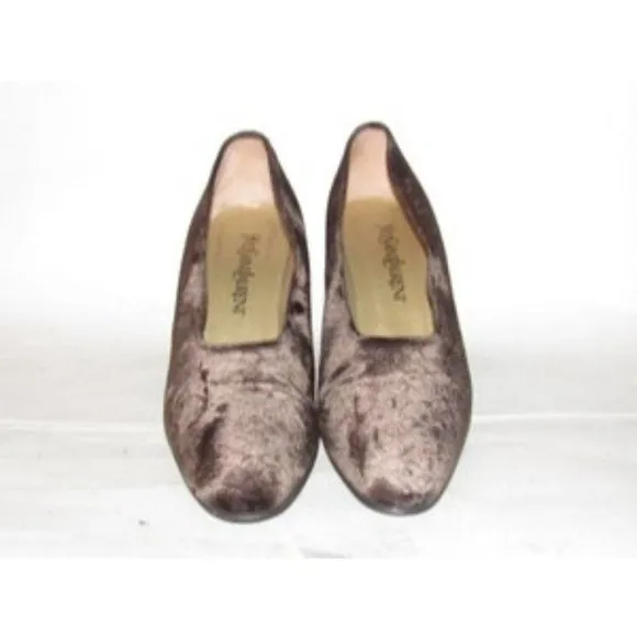 Saint Laurent Vintage Mod Dark Brown Velvet over leather, size 8M, almond toe, 3.5" chunky kitten heels
