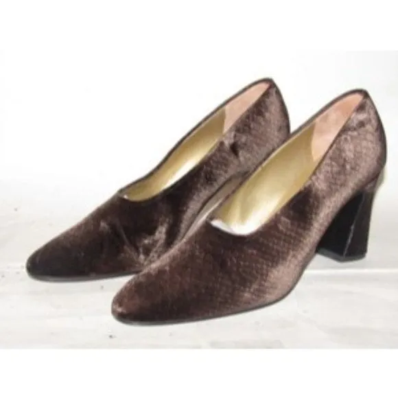 Saint Laurent Vintage Mod Dark Brown Velvet over leather, size 8M, almond toe, 3.5" chunky kitten heels