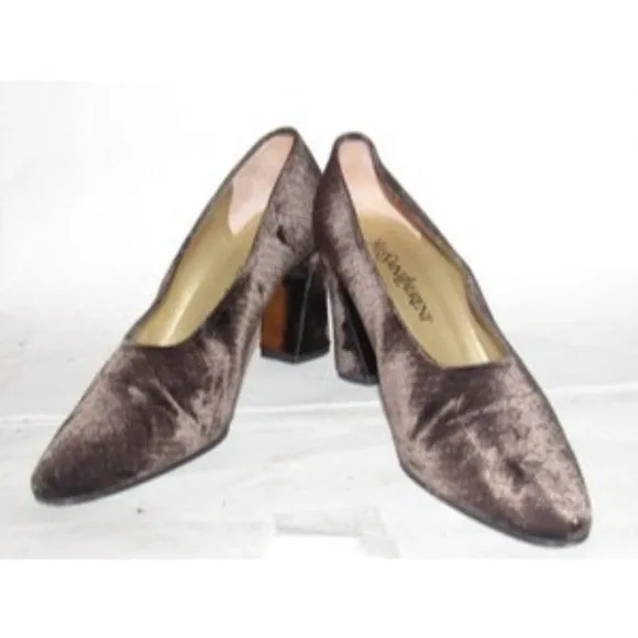 Saint Laurent Vintage Mod Dark Brown Velvet over leather, size 8M, almond toe, 3.5" chunky kitten heels