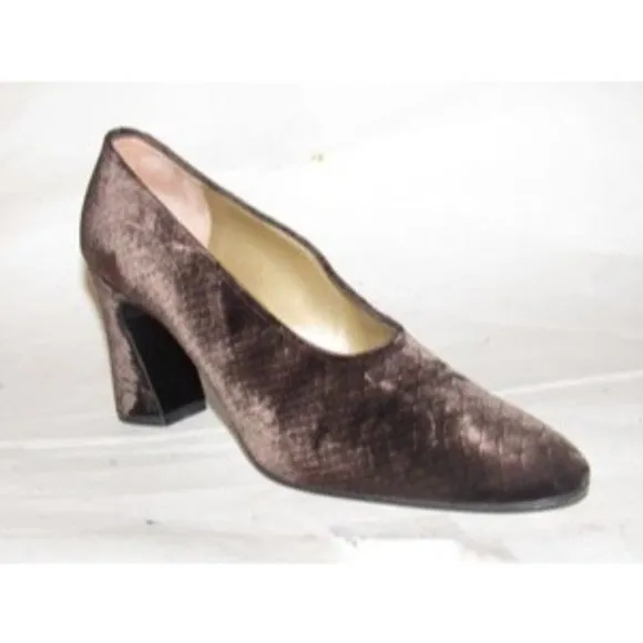 Saint Laurent Vintage Mod Dark Brown Velvet over leather, size 8M, almond toe, 3.5" chunky kitten heels