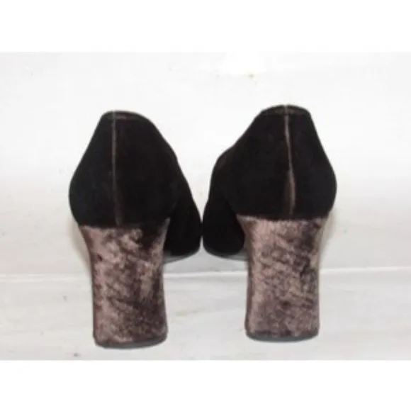 Saint Laurent Vintage Mod Dark Brown Velvet over leather, size 8M, almond toe, 3.5" chunky kitten heels