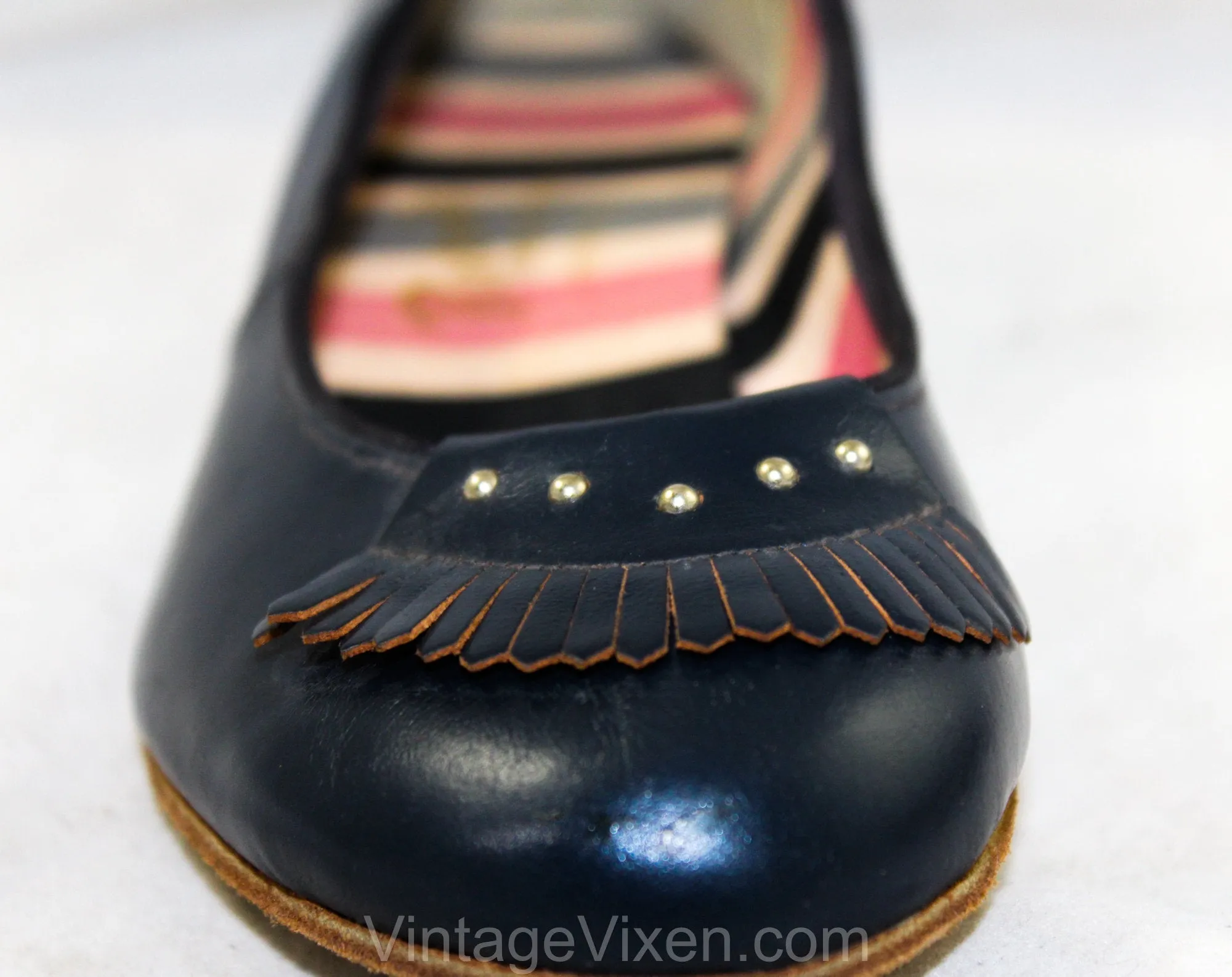 Small Size 1950s Navy Shoes - Size 5 Dark Blue Ballet Flats with Leather Fringe & Studs - Low Heels - 40s 50s Bobby Soxer Deadstock