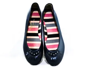 Small Size 1950s Navy Shoes - Size 5 Dark Blue Ballet Flats with Leather Fringe & Studs - Low Heels - 40s 50s Bobby Soxer Deadstock