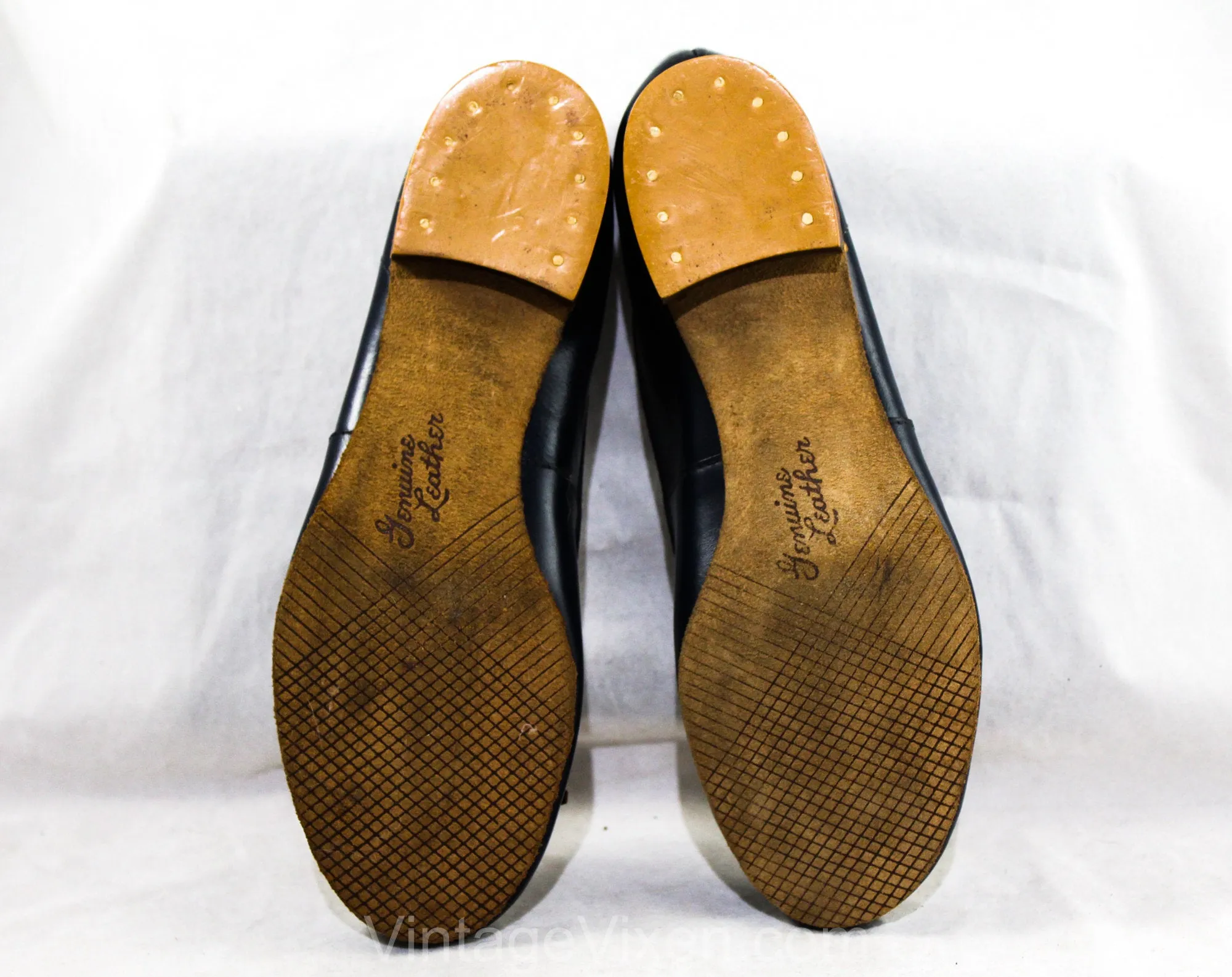 Small Size 1950s Navy Shoes - Size 5 Dark Blue Ballet Flats with Leather Fringe & Studs - Low Heels - 40s 50s Bobby Soxer Deadstock