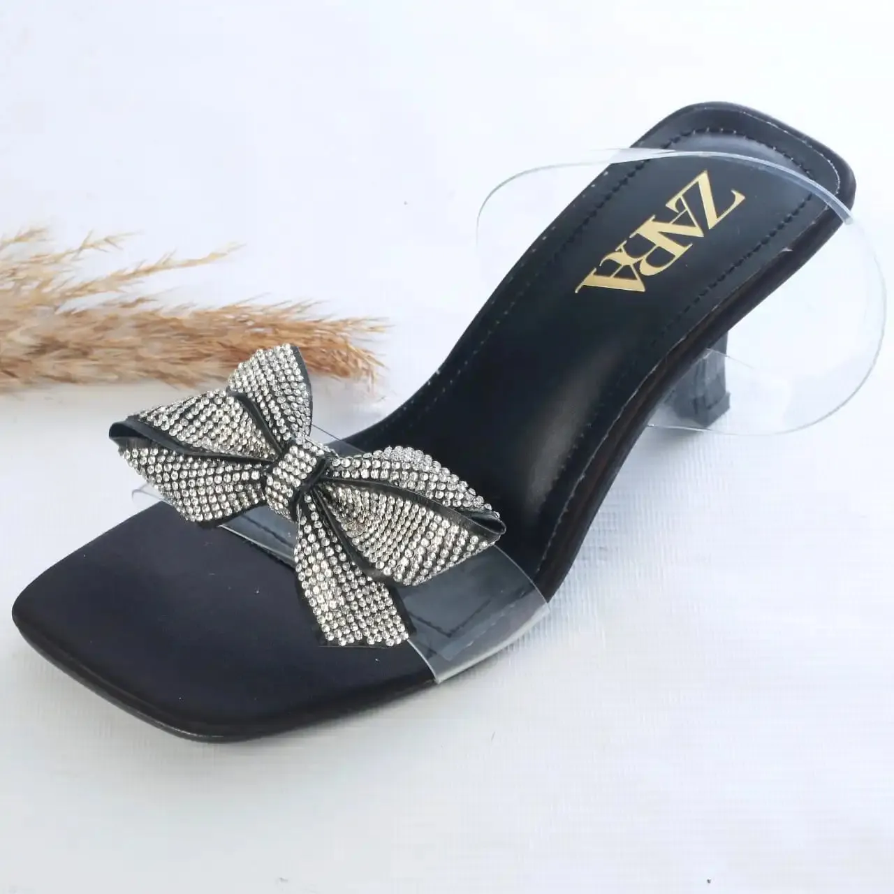 ZARA TRANSPARENT BOW STRAP HEELS - BLACK