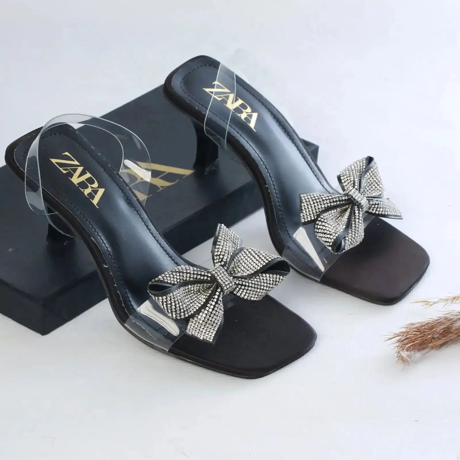ZARA TRANSPARENT BOW STRAP HEELS - BLACK